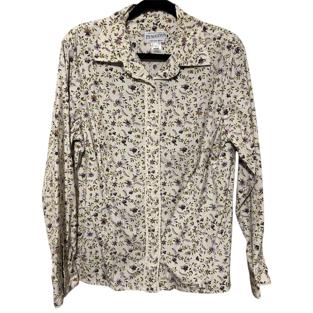 Pendleton Floral Print Crochet Trim Button Down Blouse Purple Sz L Country Chic